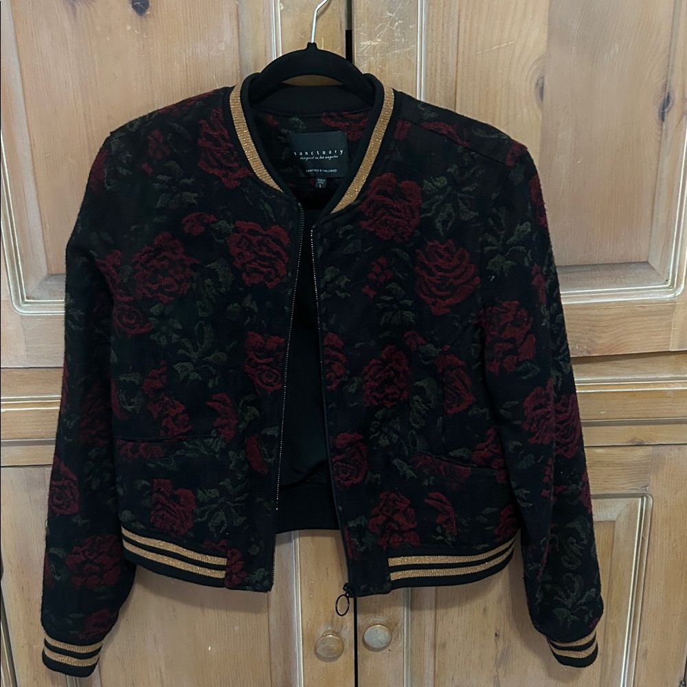 Sanctuary Black Bomber Jacket with Red Floral Rose Design